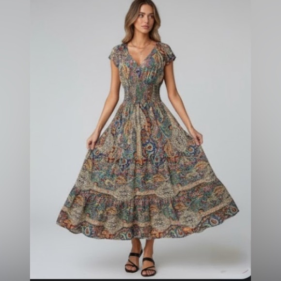 Boho Paisley Shirred Waist Ruffle Hem Maxi Dress Multicolor - Picture 3 of 12